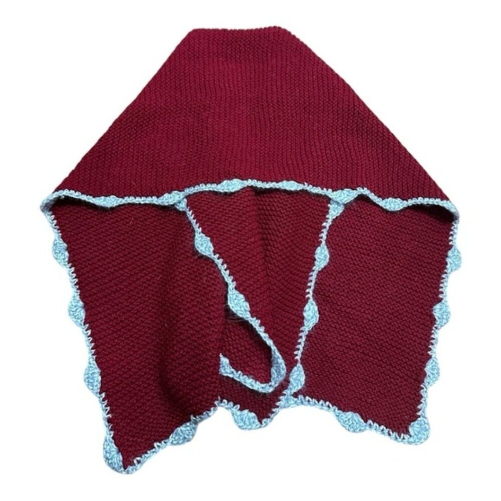 Crochet Scarf Womens OS Red With Gray Trim Handmade 21x54 Outdoor Shawl - Picture 5 of 6